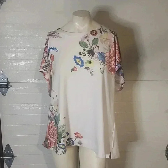 JANE DELANCEY TOP WHITE FLORAL KNIT BOHO TUNIC RELAXED - Picture 1 of 5
